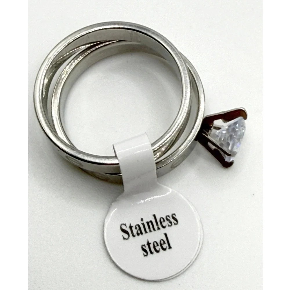 NWT Silver Tone Stainless Steel Wedding Ring Set Size‎ 11 CZ Solitaire